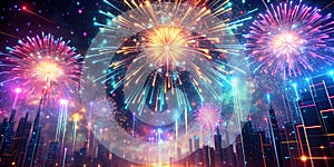 Glitch-effect fireworks exploding in digital universe