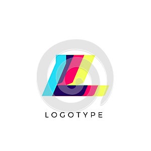 Glitch effect letter L, colored spectrum overlay effect. Vector slant symbol for cyber sport, racing, automotive and