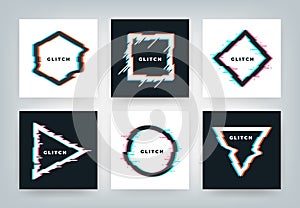 Glitch effect posters. Retro futuristic distortion dynamic geometry shapes, minimal abstract background. Vector glitched