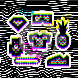 Glitch effect social network stickers in hip hop style. Contemporary geometric design elements in multiply blend mode