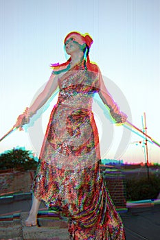 Glitch effect of young woman in red dress being tied up