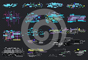 Glitch element set, retro technology, technical problem grunge, pixel texture on screen