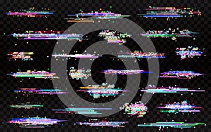 Glitch elements set. Glitched lines noise. Error templates. Color glitches collection on transparent background