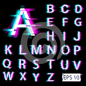 Glitch english alphabet. Distorted letters with broken pixel effect