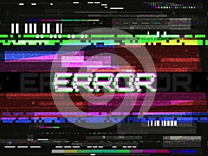 Glitch error template. Video problem concept. Color pixels and lines. Glitched elements and noise on dark background. No