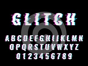 Glitch font. Broken effect letters and numbers, distorted latin alphabet with digital interference and bias, old game or photo