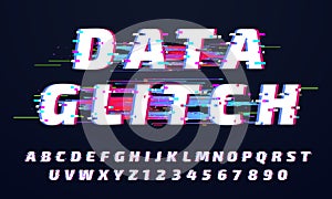 Glitch font. Digital glitched alphabet, game screen letters and broken old display lettering vector set photo