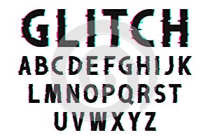 Glitch font with distorted effect in 80s and 90s style. Glitch english alphabet with tv screen noise effect