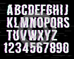 Glitch font on distorted effect .  Latin letters from A to Z and numbers from 0 to 9. Green and red channels.