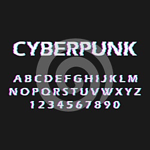 Glitch font. Distorted, malfunction font. Style cyberpunk. Letters and numbers. photo