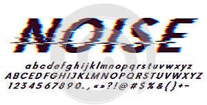 Glitch font oblique on a white background, digital image error, distortion of letters and characters, 3d stereo effect, blue and
