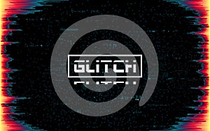 Glitch frame on dark backdrop. Color distortions and pixel noise. Cyberpunk template with distorted lines. Futuristic banner with