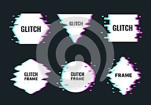 Glitch frames. Noise and distortion abstract minimalistic shapes, digital interferences trendy design, broken forms modern graphic photo