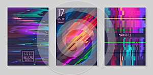 Glitch Futuristic Posters, Covers Set. Hipster Design Compositions for Brochures, Flyers, Placards. Trendy Template