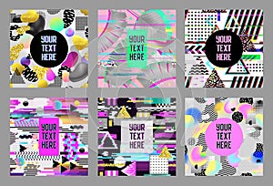 Glitch Futuristic Posters, Covers Set. Hipster Design Compositions for Brochures, Placards, Banners. Trendy Templates