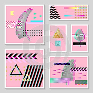 Glitch Futuristic Posters, Covers Set with Tropical Elements. Hipster Design Compositions for Brochures, Flyers, Placard