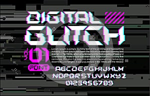Glitch hi-tech space font lettering on digital glitch background cyberpunk style design composition with stereo vision effe