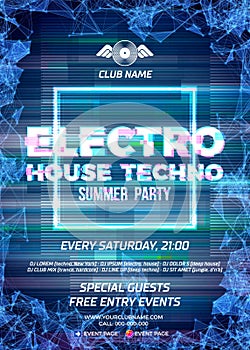 Glitch party poster with blue background and square for electro, house and techno rave club nights