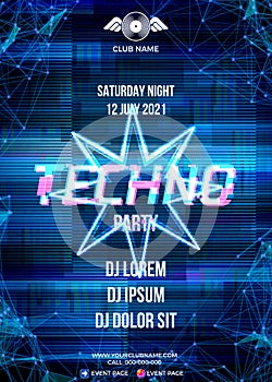 Glitch party poster with blue background and star for techno