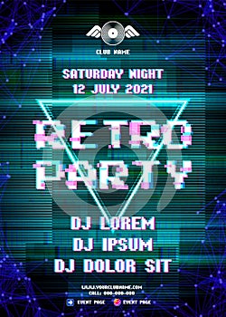 Glitch party poster with blue background and triangle for Retro Wave rave part club nights
