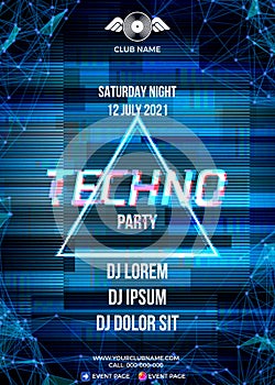 Glitch party poster with blue background and triangle for techno photo