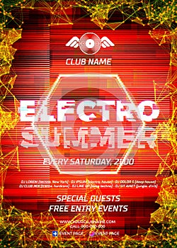 Glitch party poster with red background and hexagon for techno r