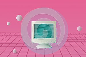 Glitch on retro computer screen in collage of vaporwave on pacific pink background. Minimal concept