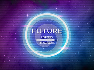 Glitch retro future. Glowing neon circle. Round frame with data loading. Space background and futuristic concept with