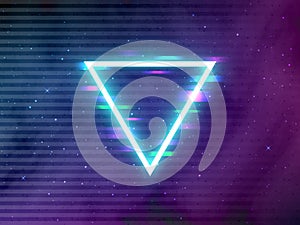 Glitch retro triangle. Glowing neon shape on cosmic backdrop. Cyberpunk template with digital glitched elements. Future