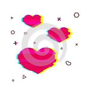 Glitch romantic heart symbol. Pink heart symbol with noise texture. Romantic icon glitch style pink color. Pink heart