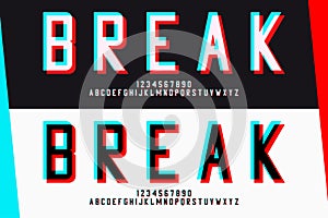 Glitch san-serif letters and numbers. Glitched alphabet design. Font with distortion and blue-red glitch effect. Vector