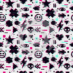 Glitch seamless pattern with video games element. Gamer vector background. Futuristic texture with glitchy effect.