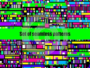 Glitch seamless patterns. Signal error, pixel mosaic. Computer screen error. Vector