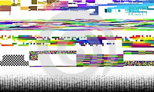 Glitch set with color elements. Digital abstract shapes. Random pixel glitch elements. Modern cyberpunk broken effect. Data noise