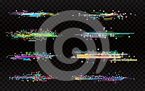 Glitch set on dark background. Collection of color distortions. Data error templates. Random color pixels and shapes photo