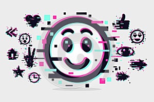Glitch style illustration with smile face. Emoji vector icon. Social media background.