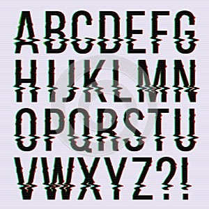 Glitch style, old television screen distortion effect english vector type, font, typeface letters