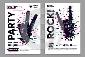 Glitch style poster with human hand. Online party banner template. Disco and rock music festival background.