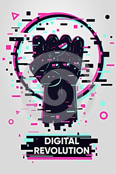 Glitch style poster with human hand. Solidarity and freedom sign. Digital resistance vector background. Online protest