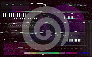 Glitch television on black background. Retro VHS backdrop. Glitched lines noise and color shapes. No signal. Vector