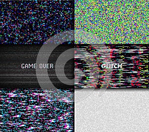 Glitch Texture pixel noise. Test TV Screen Digital VHS Background. Set of Error Computer Video. Abstract black Damage