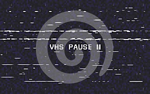 Glitch VHS on black background. Old tape effect. Glitched lines noise. Video recorder pause. Retro backdrop. Vector