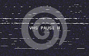 Glitch VHS on black background. Old tape effect. Glitched lines noise. Video recorder pause. Retro backdrop. Vector photo