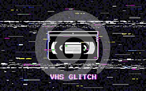 Glitch video cassette. Abstract white horizontal distortions. VHS concept. Glitched lines noise. Retro background. 80s