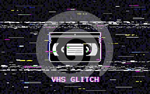 Glitch video cassette. Abstract white horizontal distortions. VHS concept. Glitched lines noise. Retro background. 80s photo