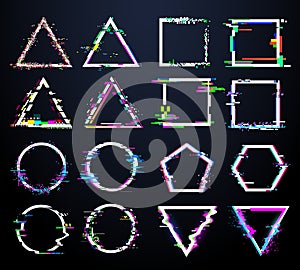 Glitch white frames. Distorted circle, square and triangle and polygonal shapes. Tv distortion geometry figure