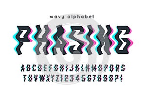 Glitched display alphabet design, typeface, typography. Wavy letters and numbers.