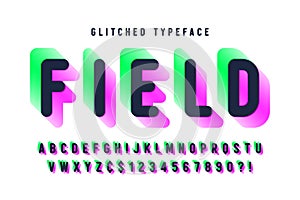 Glitched display font design, alphabet, typeface, letters