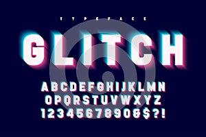 Glitched glowing display font design, alphabet, typeface