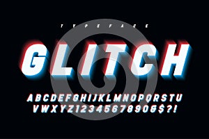 Glitched glowing display font design, alphabet, typeface